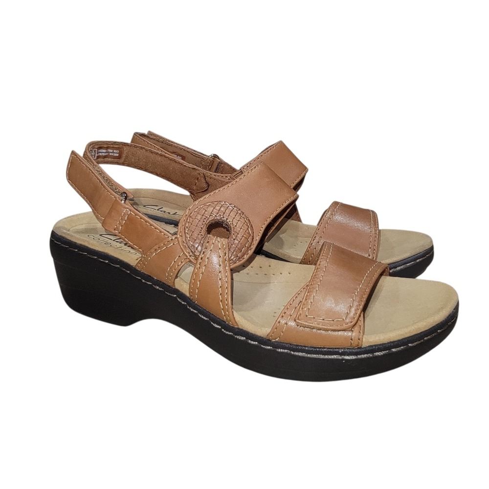 Clarks Merliah Opal Women's 8 M Tan Leather Wedge Sandals Slingback Comfort Shoe